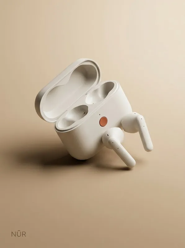 Nūr wireless earbuds — minimal product ad