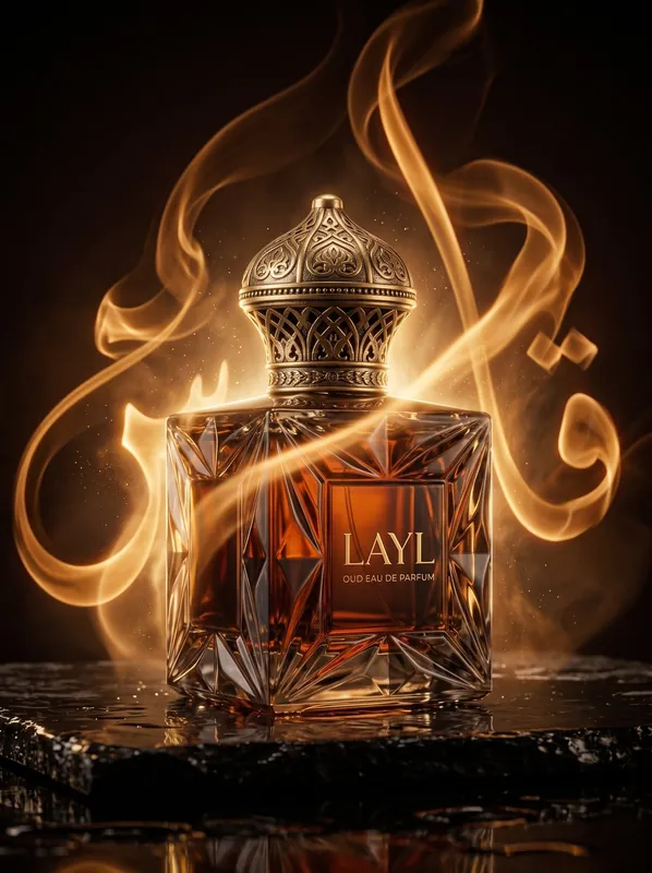 Layl oud perfume — dark luxury ad