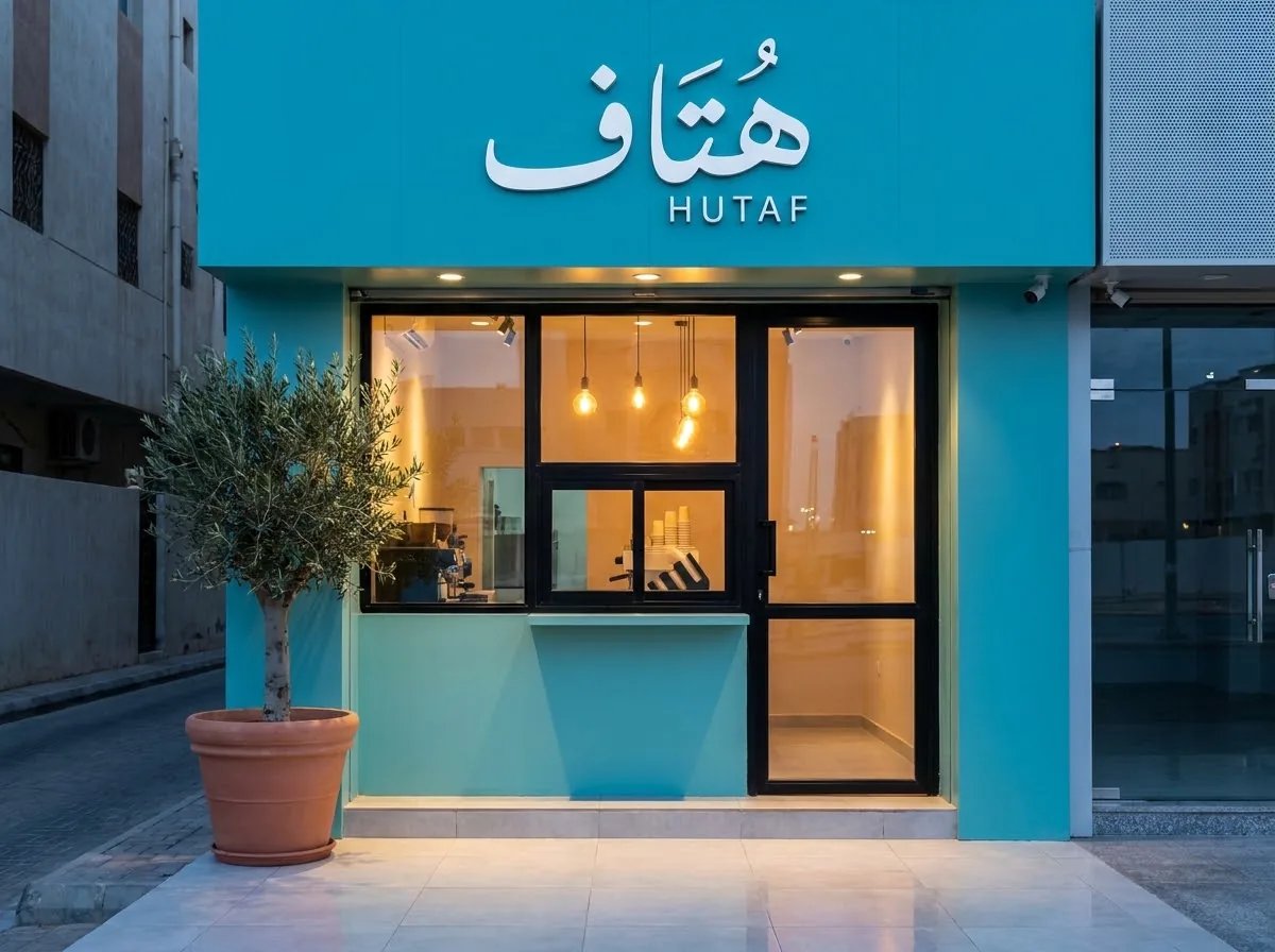 واجهة محل هُتاف اللبني مع شبّاك الطلب وقت المغرب