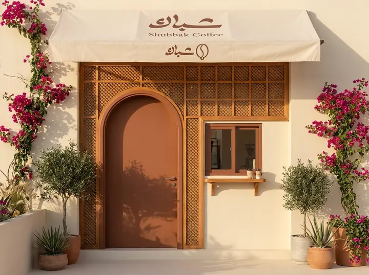 واجهة شبّاك الكريمية بباب مقوّس ومشربية خشب وورد جهنمية